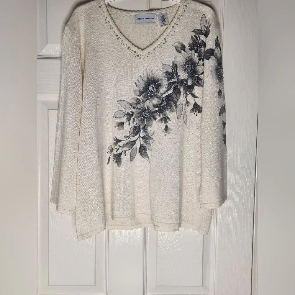 Alfred Dunner XL Cream FloralPrint Beaded Sequin WOOLBlend V-neck Women Sweater